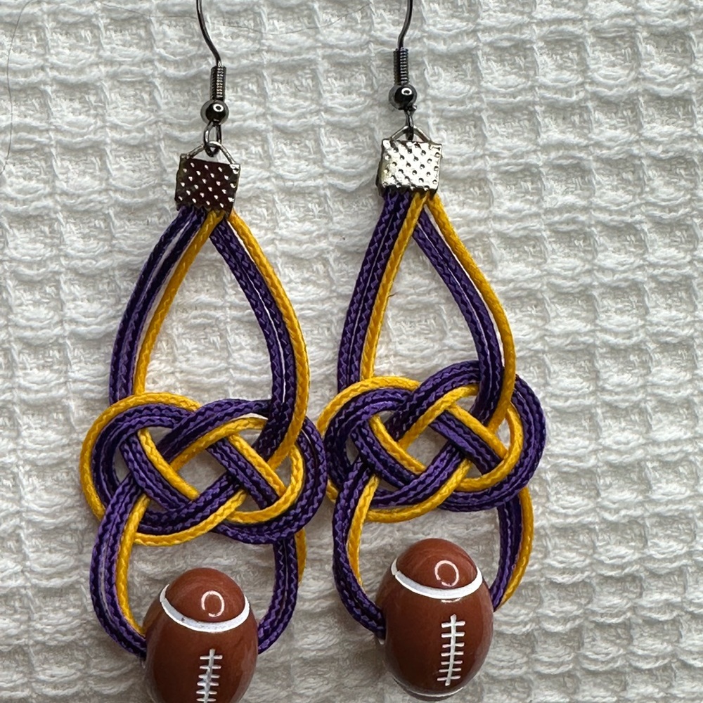 Handmade Football Earrings with Purple and Gold Paracord